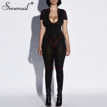 Simenual Fitness Sporty Active Wear Rompers Womens Jumpsuit Zipper Patchwork Casual Workout Short Sleeve Bodysuits Fashion 2019